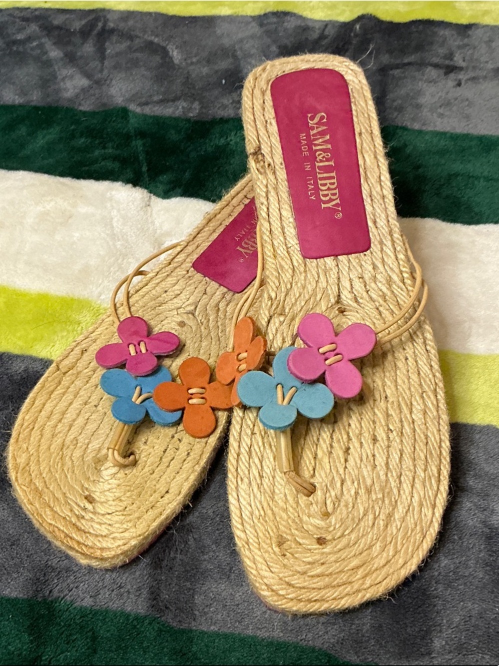 Vintage Sam & Libby Floral Rope Thong Sandals in Pink, Orange & Blue Size 8